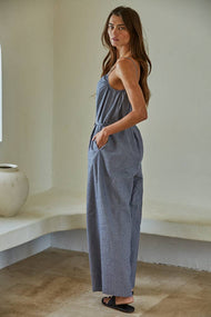 By Together - L8097 | Woven Cotton Striped Square Neck Wide Leg Jumpsuit : Dark Denim