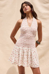 Sky to Moon - SCALLOP TRIMMED HALTER NECK SMOCKED MINI DRESS: CORAL BABY