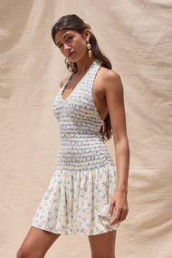 Sky to Moon - SCALLOP TRIMMED HALTER NECK SMOCKED MINI DRESS: BLUE BABY