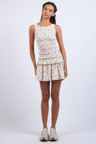 Sky to Moon - ORANGE FLORAL SMOCKED BODY RUFFLE MINI DRESS: Red OR Floral