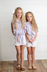 Wren & James - Kids Lavender Ruffle Top & Pastel Stripe Spring Short Set