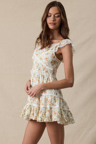 Sky to Moon - PALE PLAID FLORAL WING SLEEVE LACE MINI DRESS: ORANGE FIRE
