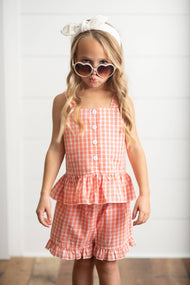 Wren & James - Kids Rust Check Gingham Ruffle Button Short Set