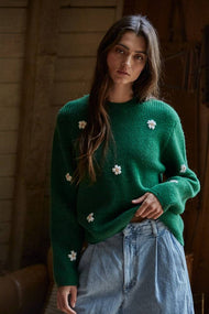 By Together - W2150 | Knit Sweater Ribbed Flower Embroidery Pullover Top: Light Grey