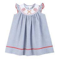 Lil Cactus - Blue Seersucker Baseball Smocked Bishop Dress