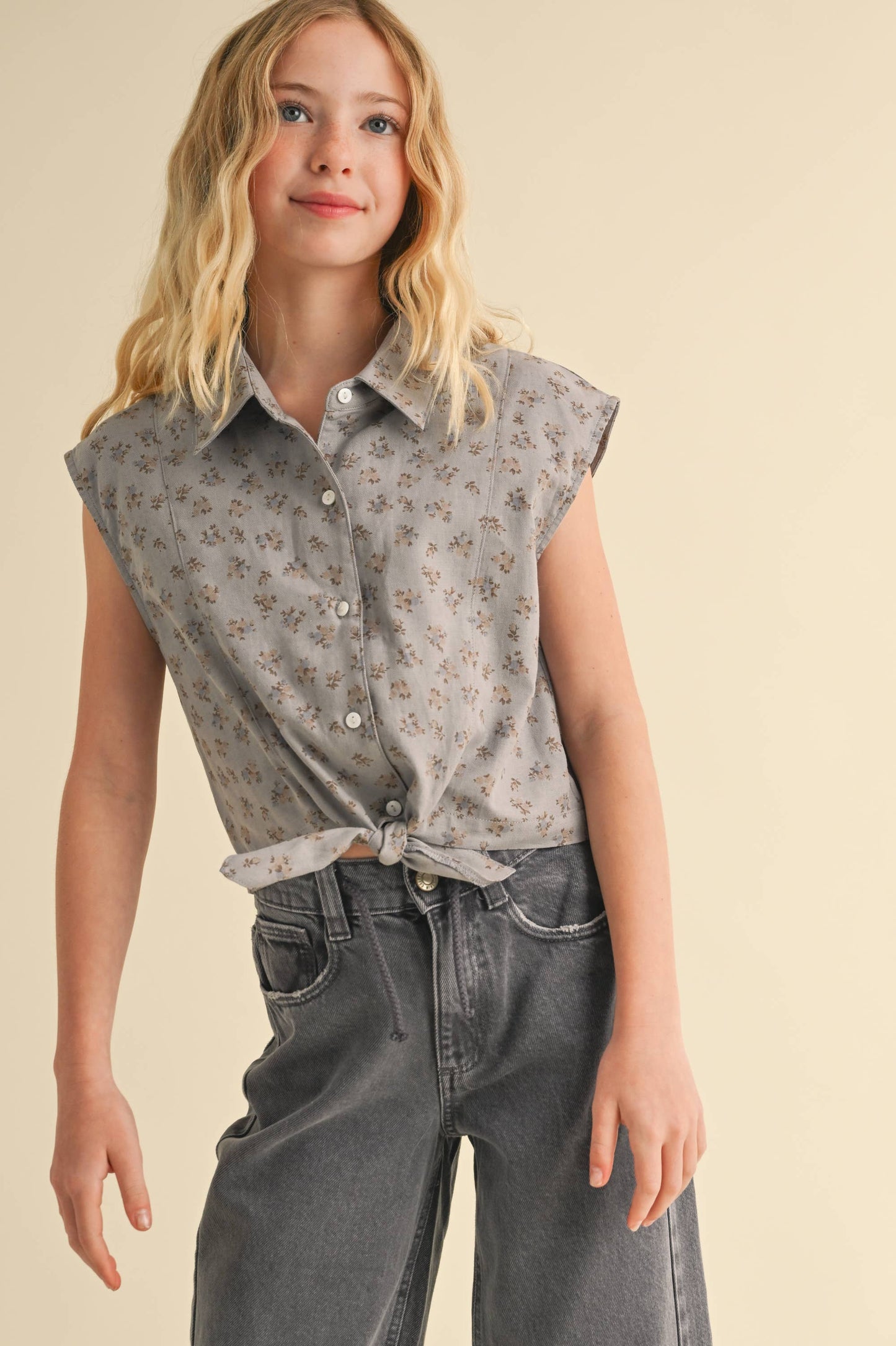 heart and arrow - TWEEN GIRLS KIDS S/L BUTTON UP CROPPED SHIRT (7-14)