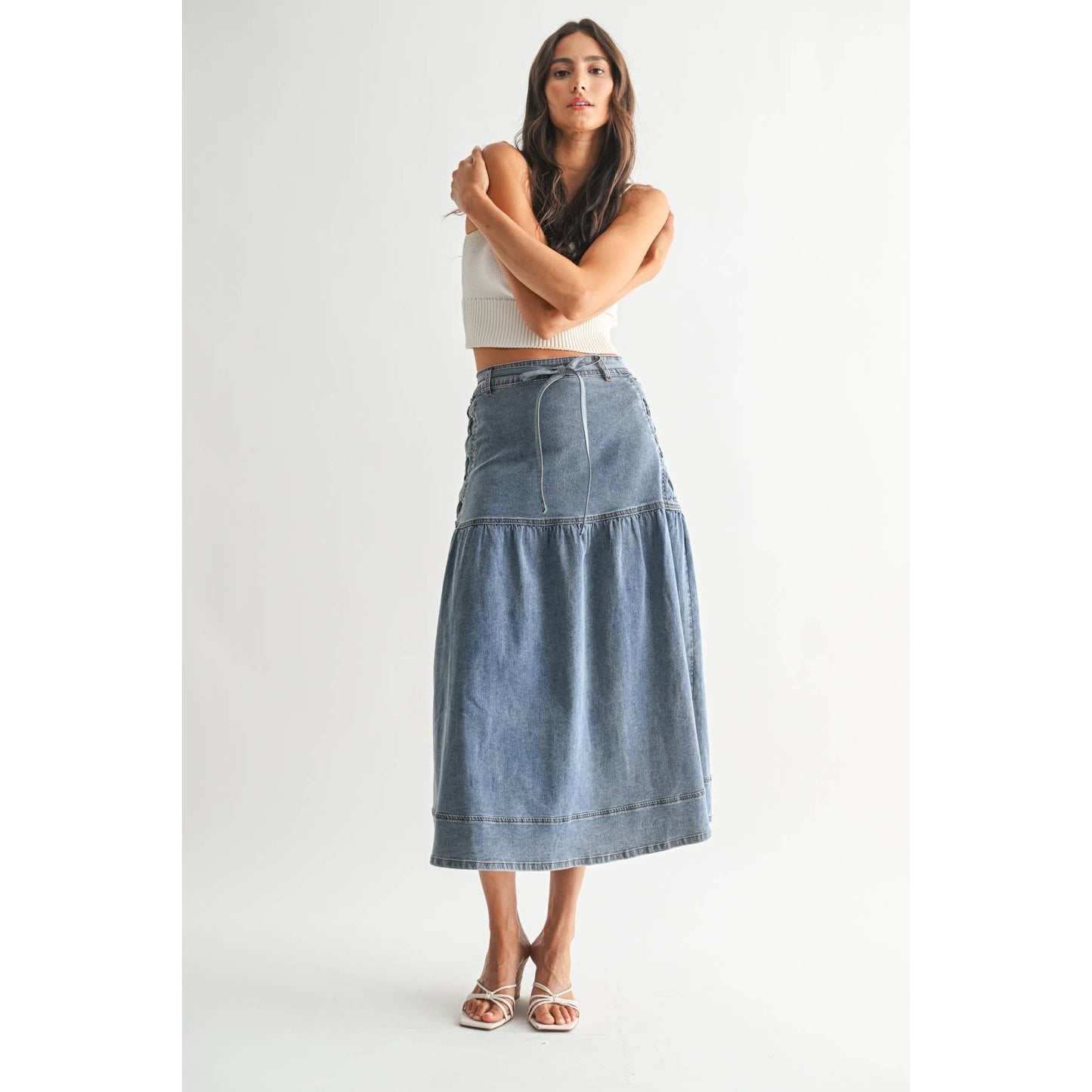 Camellia - DENIM MIDI SKIRT WITH LACE-UP DETAIL: MEDIUM WASH / S-M-L(3-2-1)