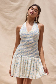 Sky to Moon - SCALLOP TRIMMED HALTER NECK SMOCKED MINI DRESS: BLUE BABY