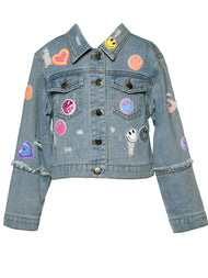 Hannah Banana - VINTAGE JEAN JACKET WITH SEQUIN PATCHES: STONEWASH / 8