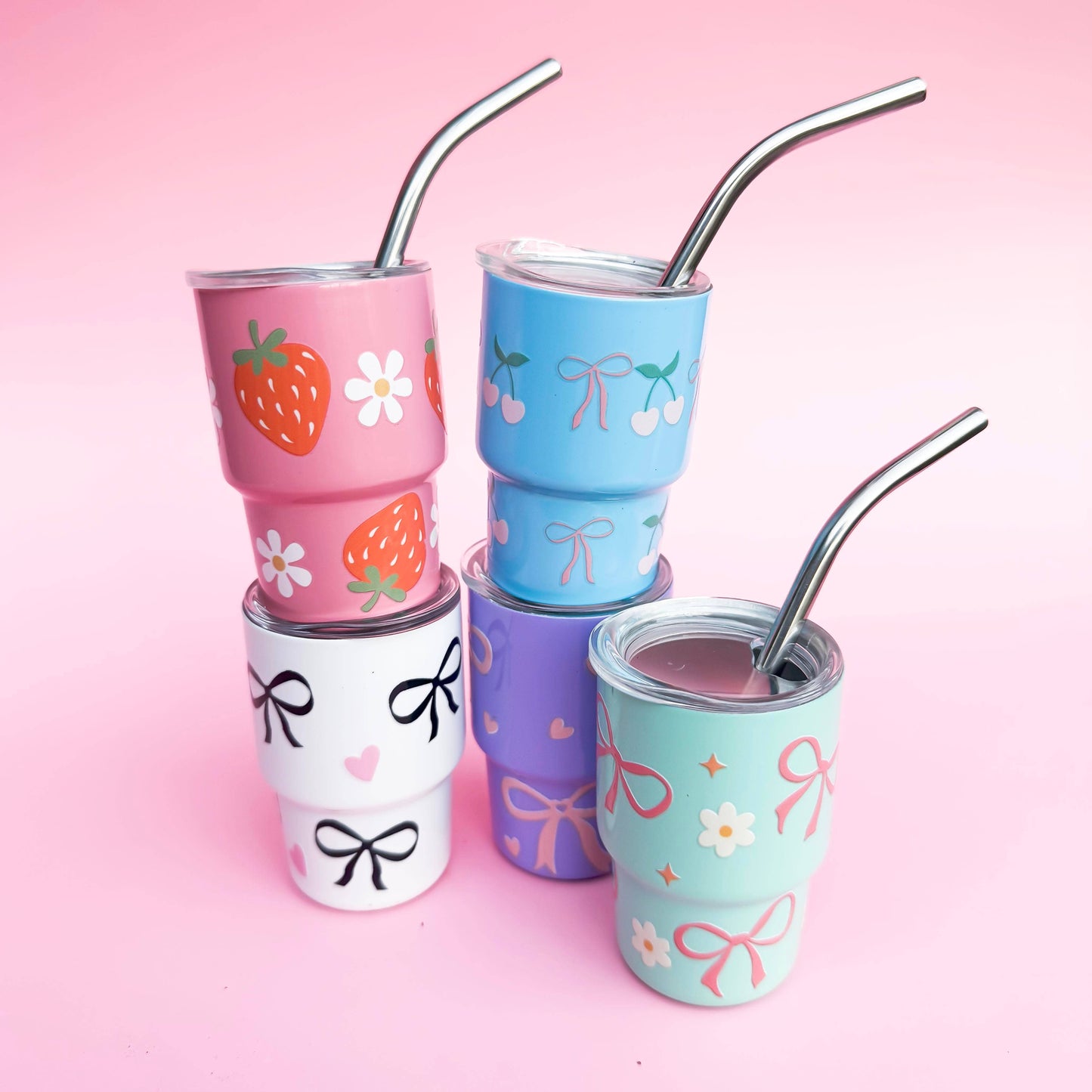 Leo & Lee Studio - Coquette Tiny Spring Tumblers/ 3oz Stainless Steel Cups : White/Black bows