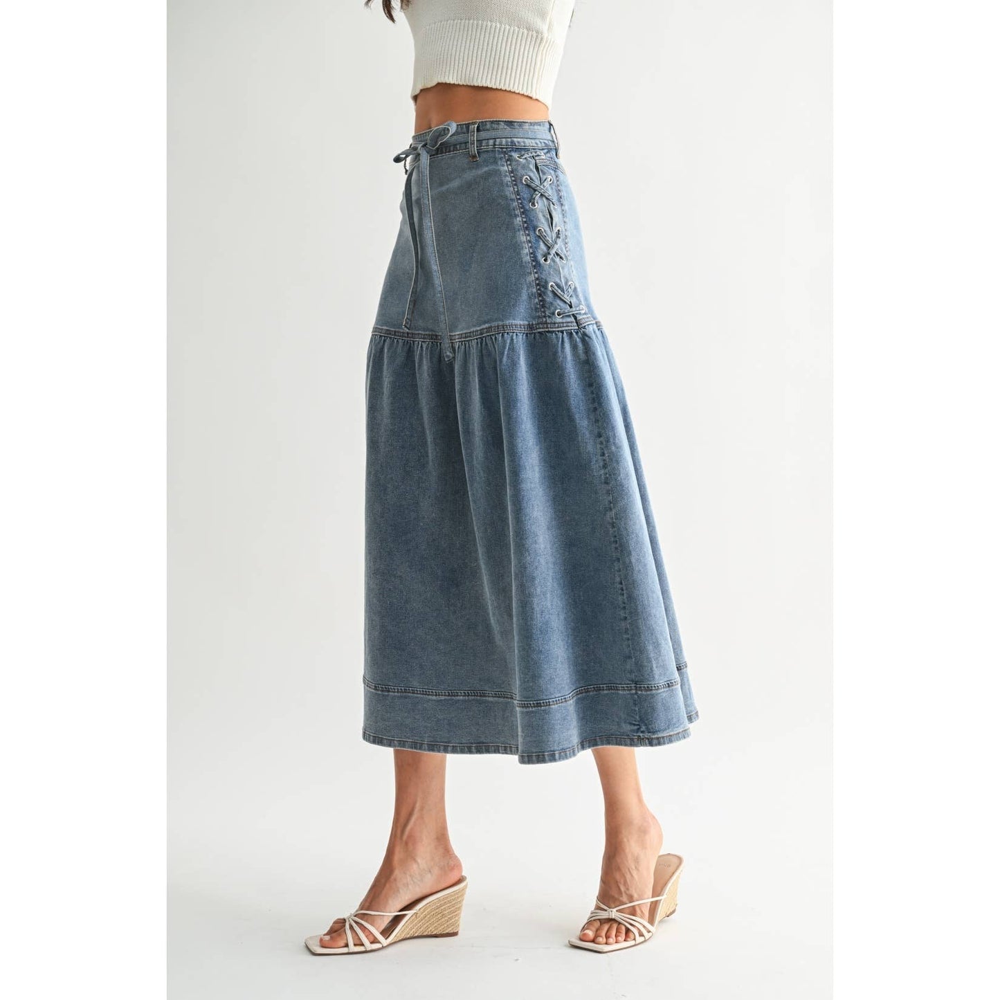 Camellia - DENIM MIDI SKIRT WITH LACE-UP DETAIL: MEDIUM WASH / S-M-L(3-2-1)