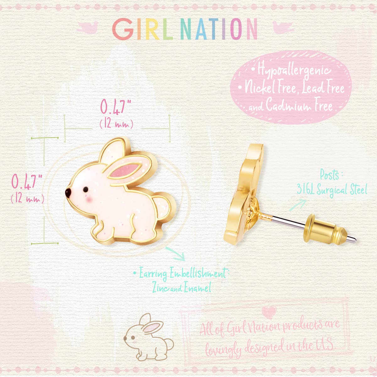 Girl Nation - Glitter Rabbit Cutie Stud Earrings