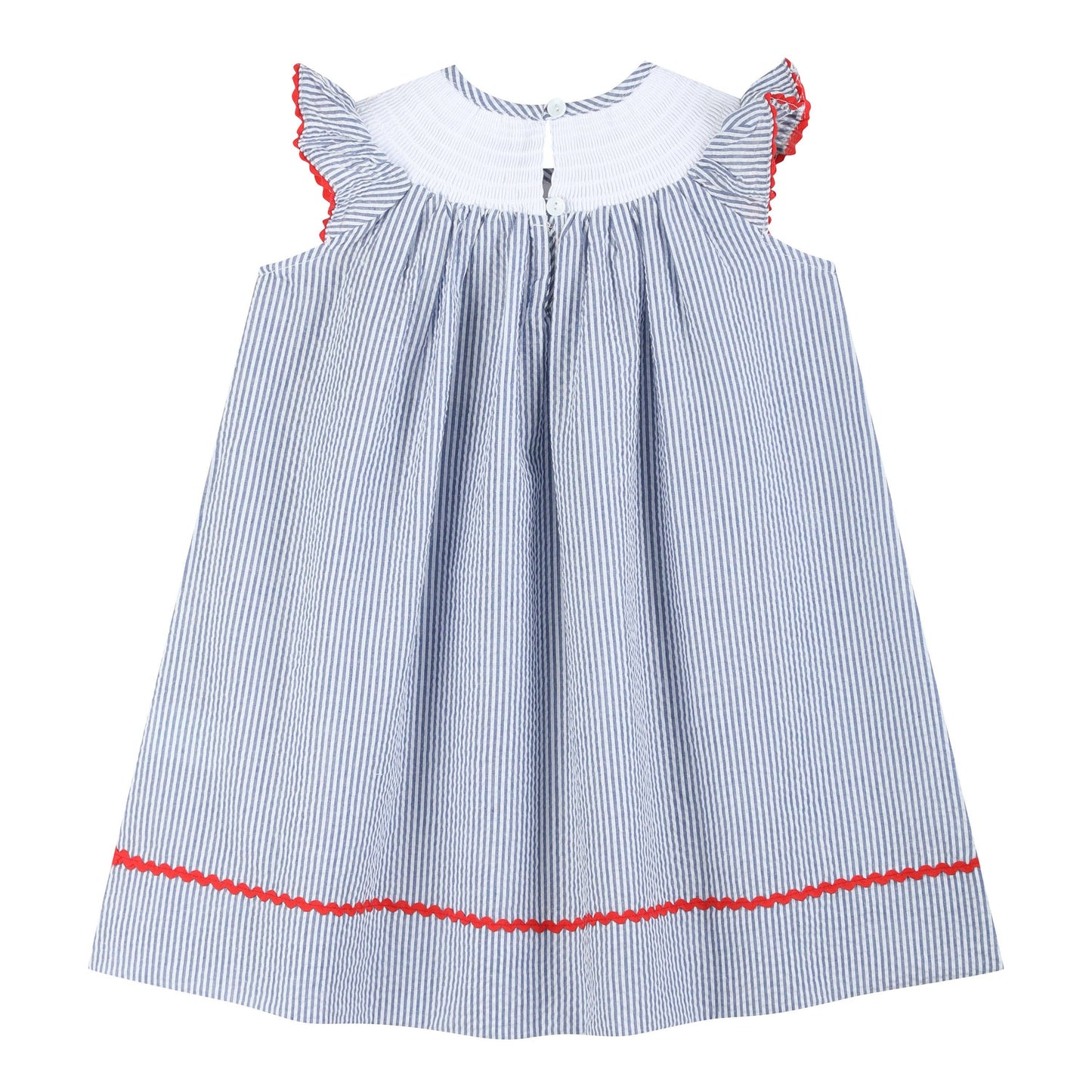 Lil Cactus - Blue Seersucker Baseball Smocked Bishop Dress