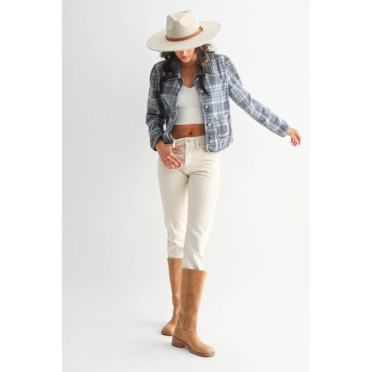 Camellia - PLAID DENIM JACKET: MEDIUM DENIM WASH PLAID / S-M-L(3-2-1)