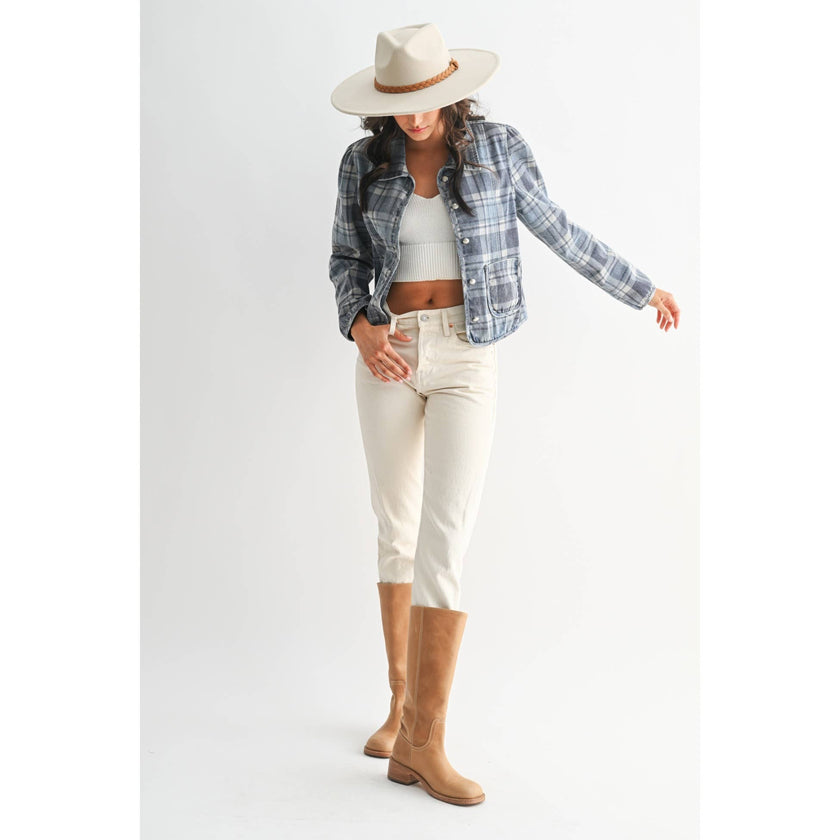 Camellia - PLAID DENIM JACKET: MEDIUM DENIM WASH PLAID / S-M-L(3-2-1)
