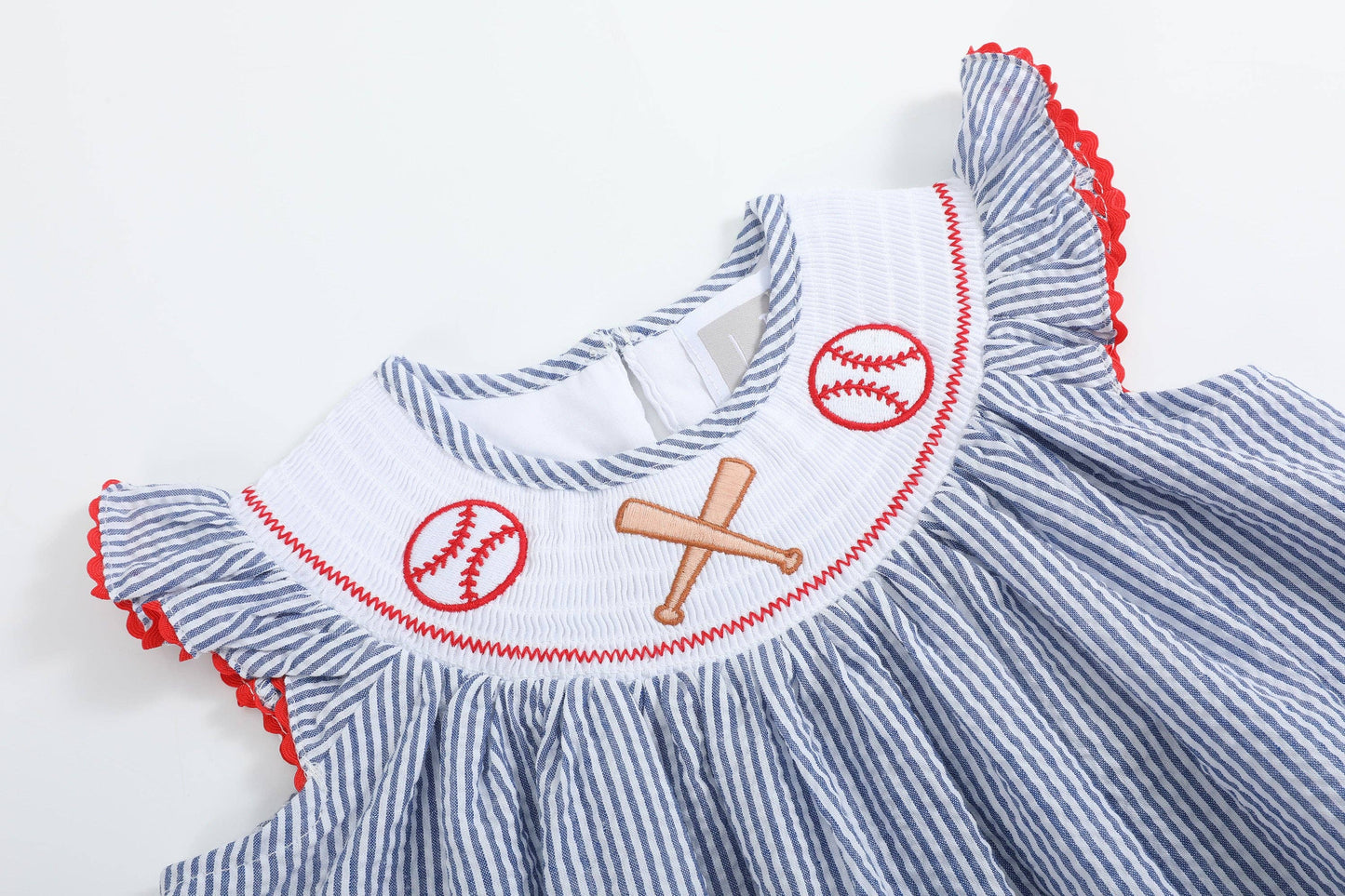 Lil Cactus - Blue Seersucker Baseball Smocked Bishop Dress