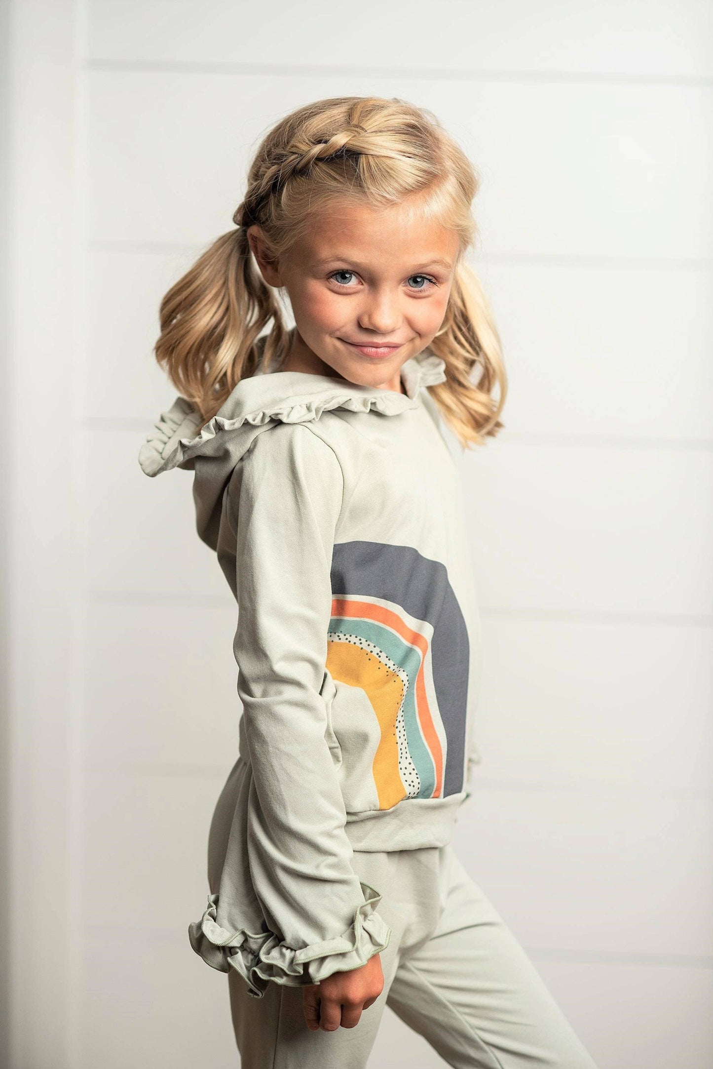 Oopsie Daisy - Girls Gray Sage Rainbow Hooded Sweatsuit Lounge Set