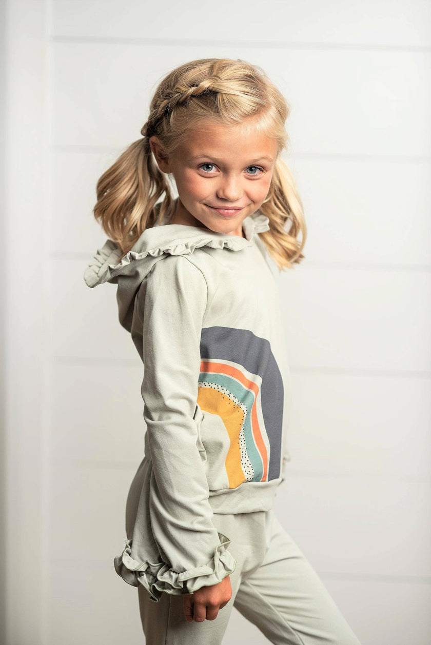 Oopsie Daisy - Girls Gray Sage Rainbow Hooded Sweatsuit Lounge Set