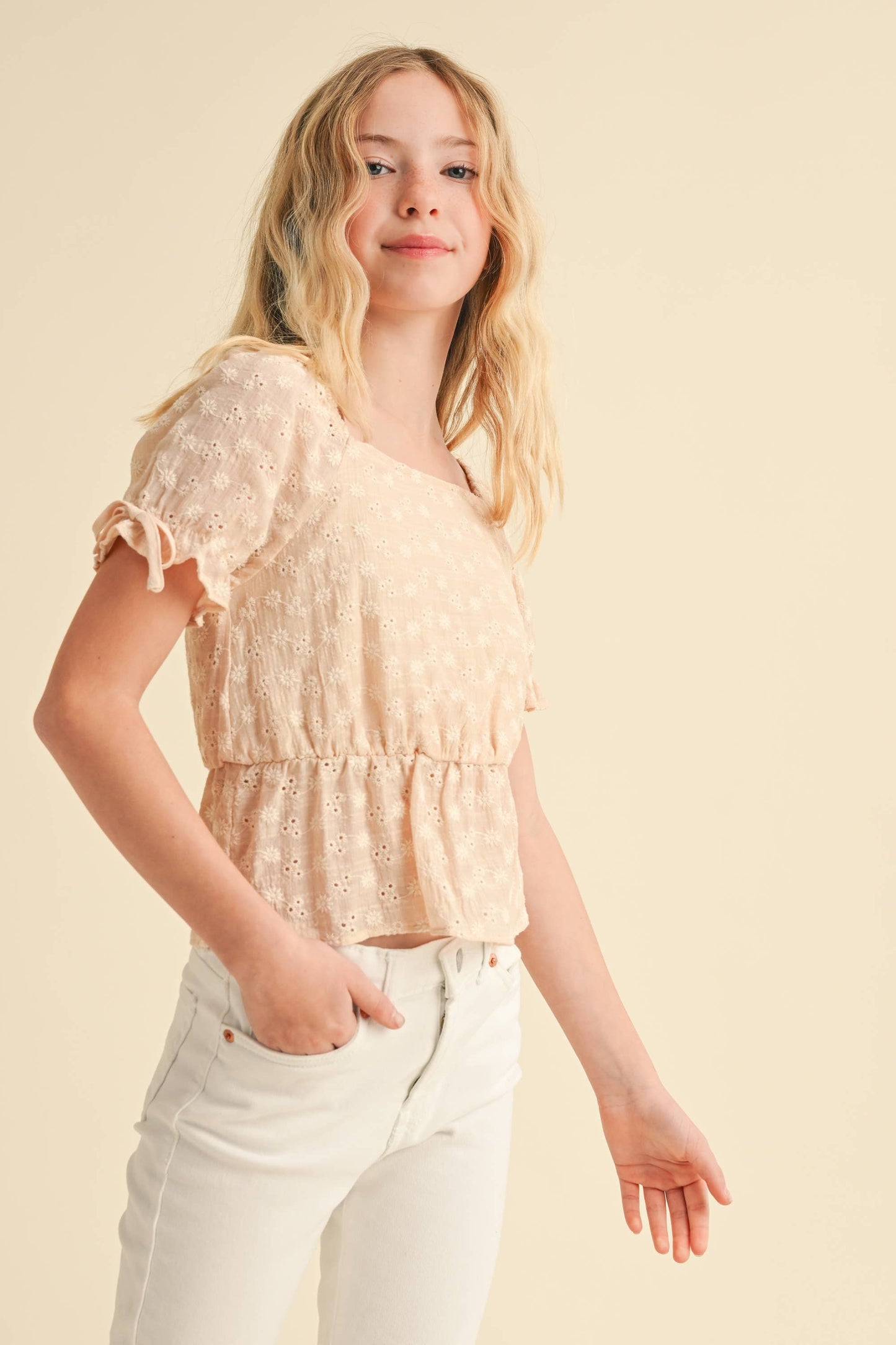 heart and arrow - TWEEN KIDS GIRLS PUFF SLV EMB PEPLUM TOP KT2648 (7-14): 7/8