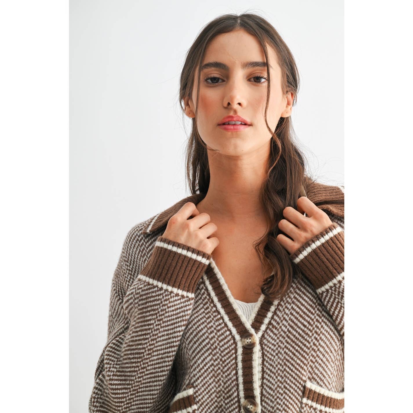 Camellia - HERRINGBONE KNIT CARDIGAN: BROWN / S-M-L(3-2-1)