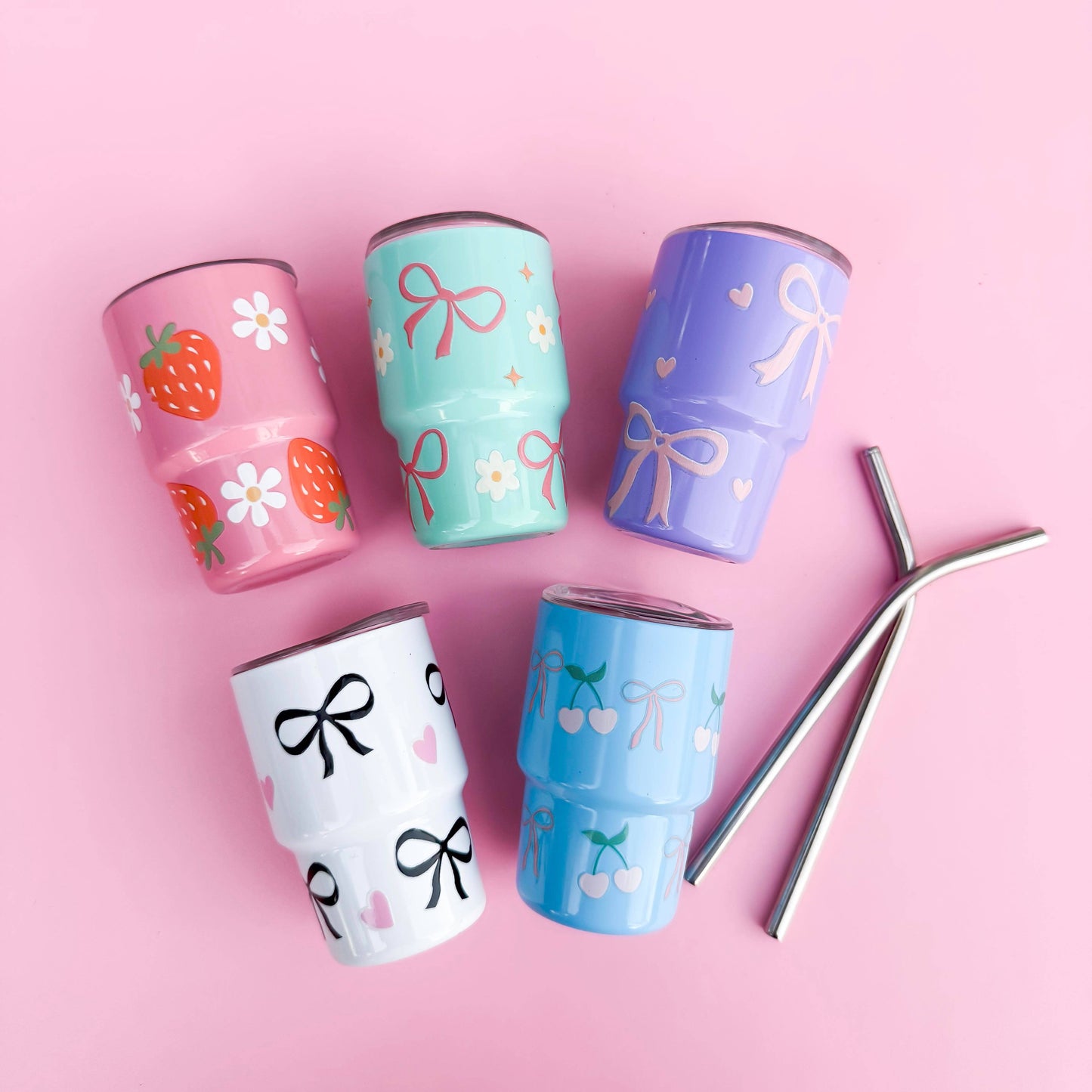 Leo & Lee Studio - Coquette Tiny Spring Tumblers/ 3oz Stainless Steel Cups : Lavender/Pink Bows