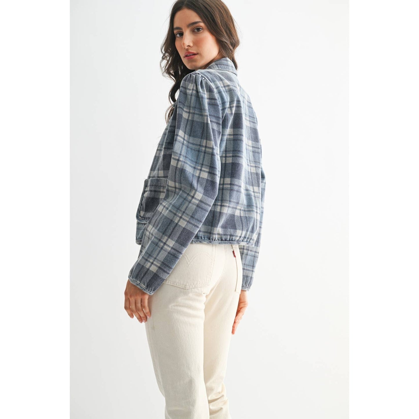 Camellia - PLAID DENIM JACKET: MEDIUM DENIM WASH PLAID / S-M-L(3-2-1)