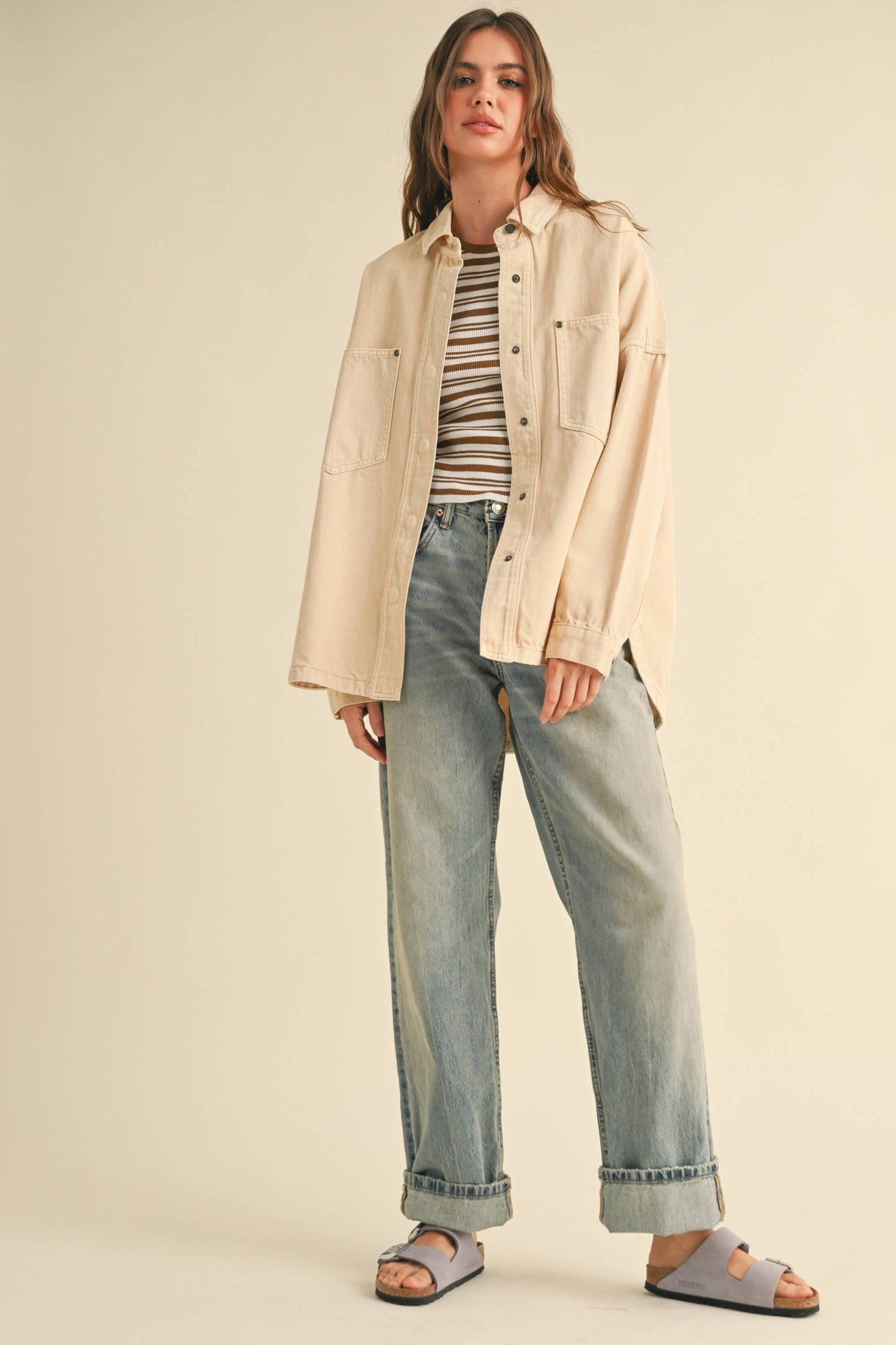 MIOU MUSE - J5364   WASHED SNAP BUTTON DENIM SHACKET: OLIVE