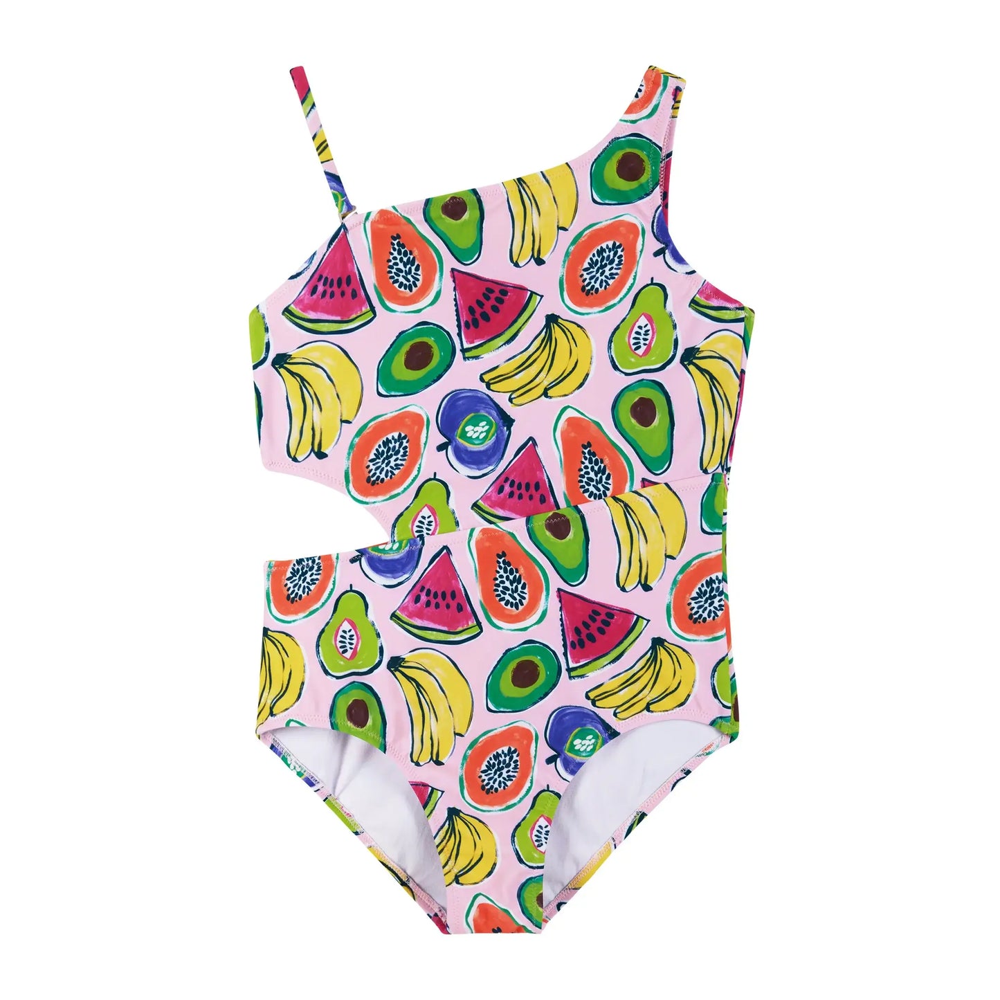 Andy & Evan - Girls Tween Pink Fruit Print One-Shoulder Swimsuit: Fruits