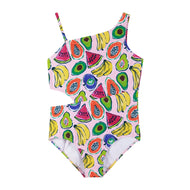 Andy & Evan - Girls Tween Pink Fruit Print One-Shoulder Swimsuit: Fruits
