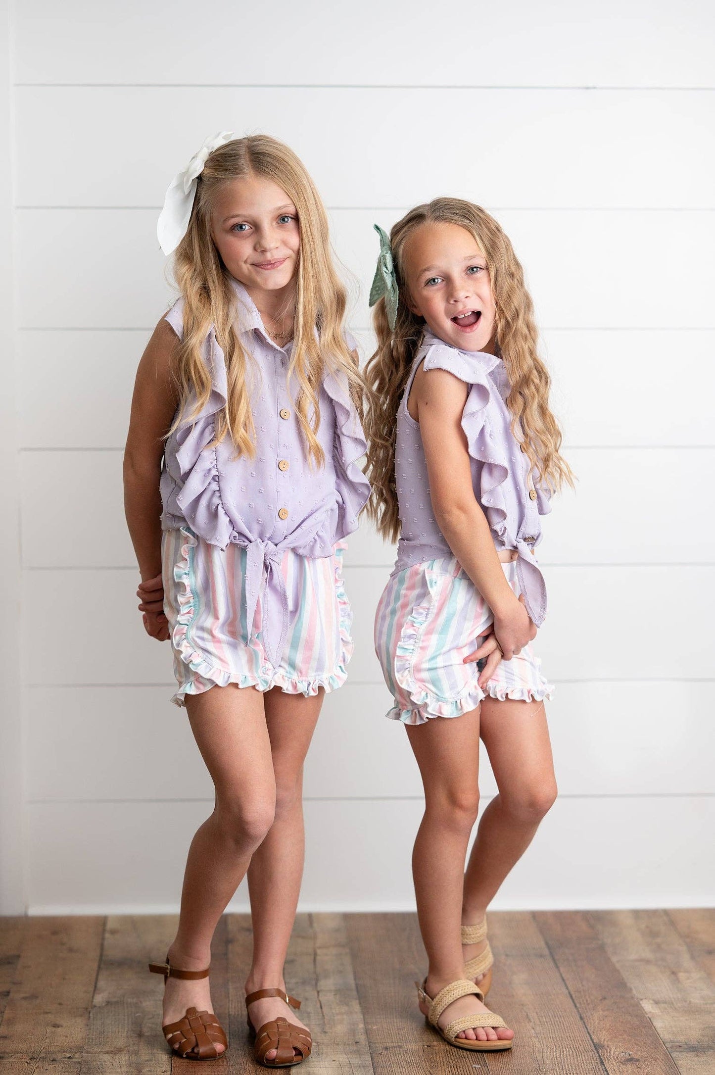 Wren & James - Kids Lavender Ruffle Top & Pastel Stripe Spring Short Set