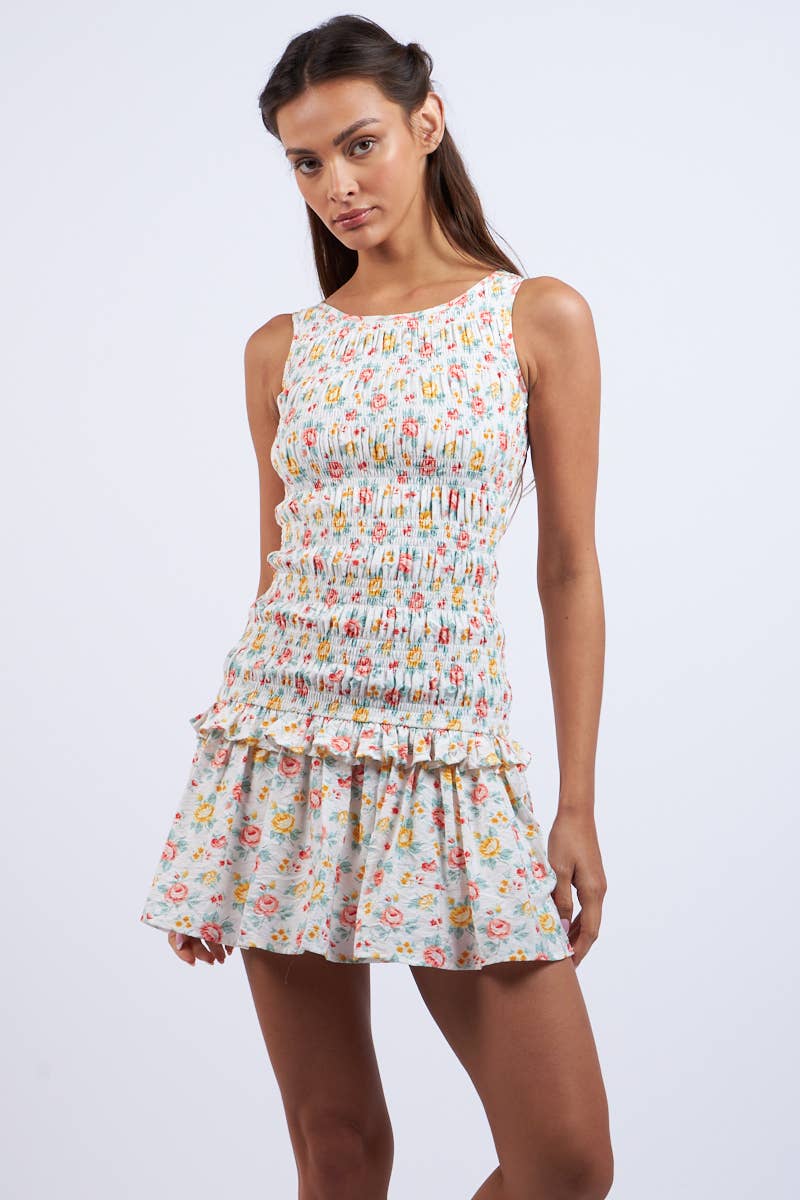 Sky to Moon - ORANGE FLORAL SMOCKED BODY RUFFLE MINI DRESS: Red OR Floral