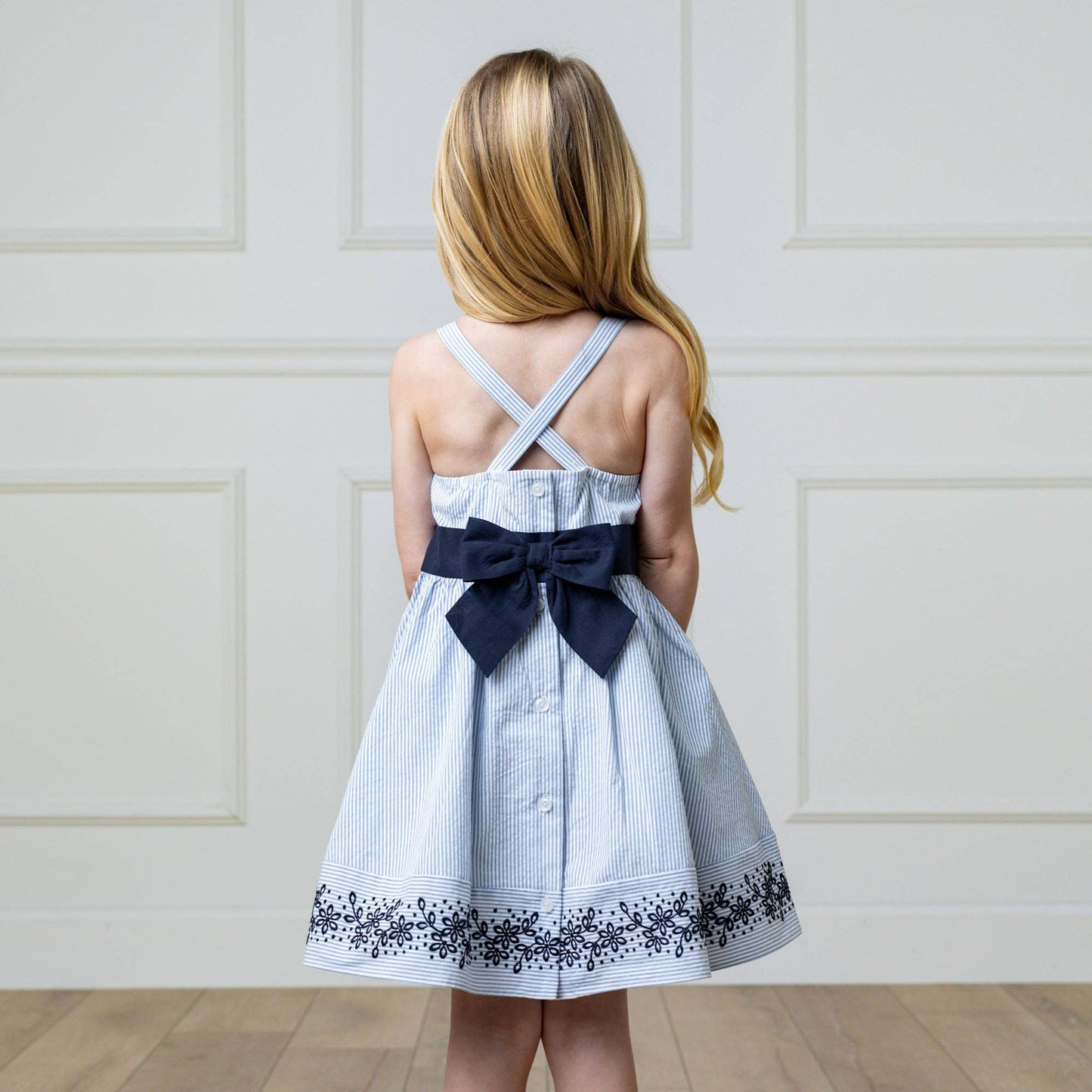 Hope and Henry - Organic Embroidered Special Sundress: Blue Seersucker