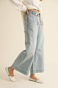 MIOU MUSE - P4880   WASHED DENIM WITH TIE FRONT PANTS: DENIM