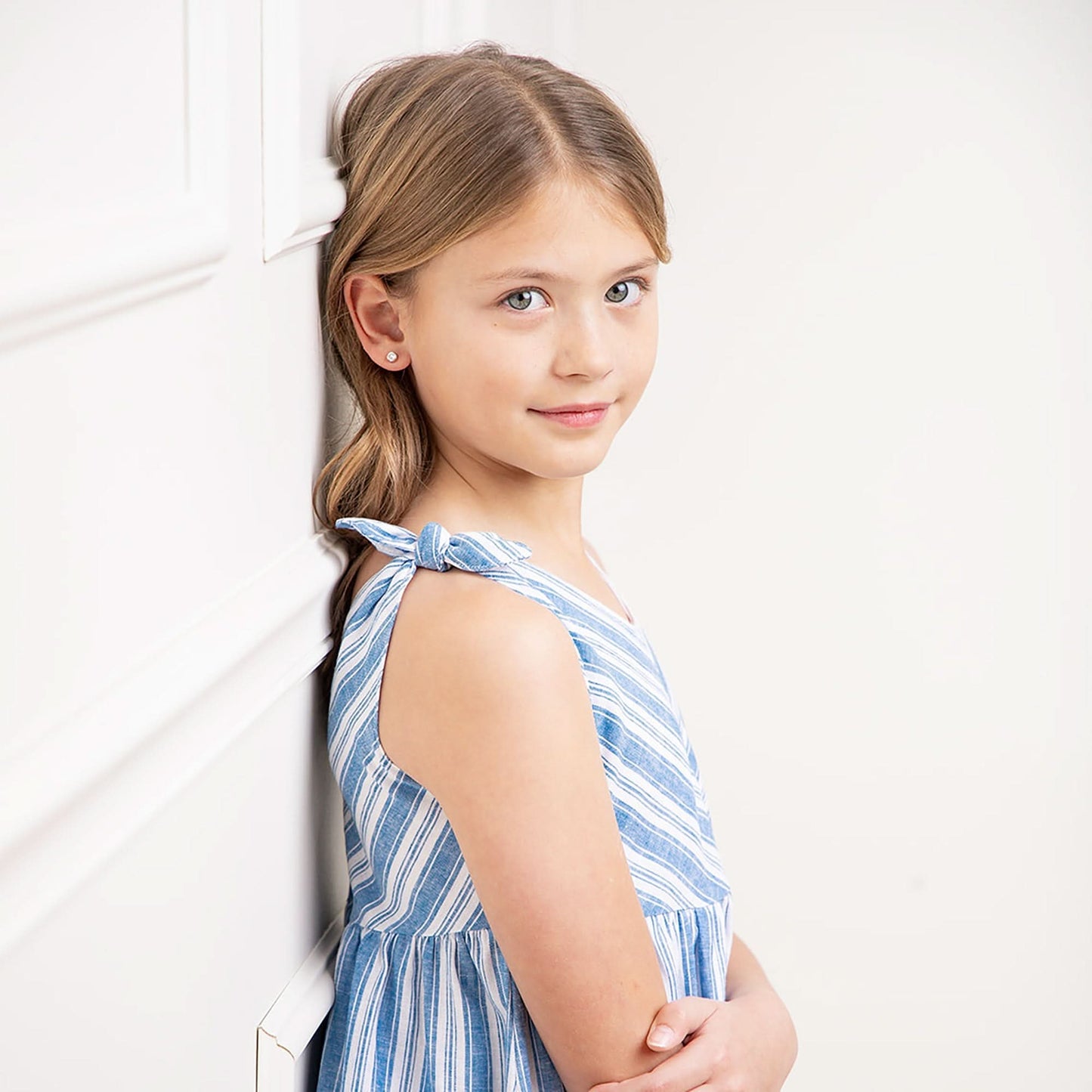 Hope and Henry - Bow Shoulder Swing Dress: Blue Variegated Stripe