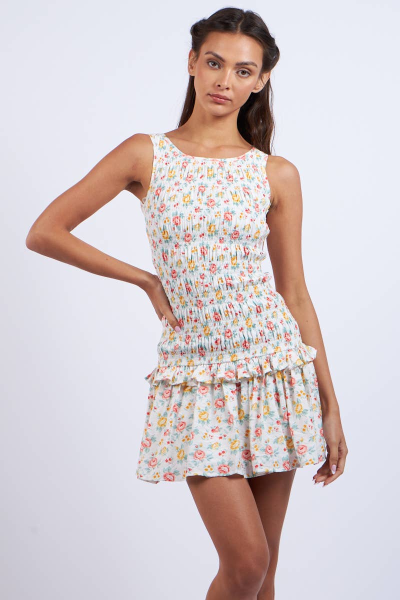 Sky to Moon - ORANGE FLORAL SMOCKED BODY RUFFLE MINI DRESS: Red OR Floral