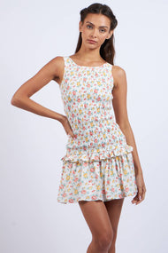 Sky to Moon - ORANGE FLORAL SMOCKED BODY RUFFLE MINI DRESS: Red OR Floral