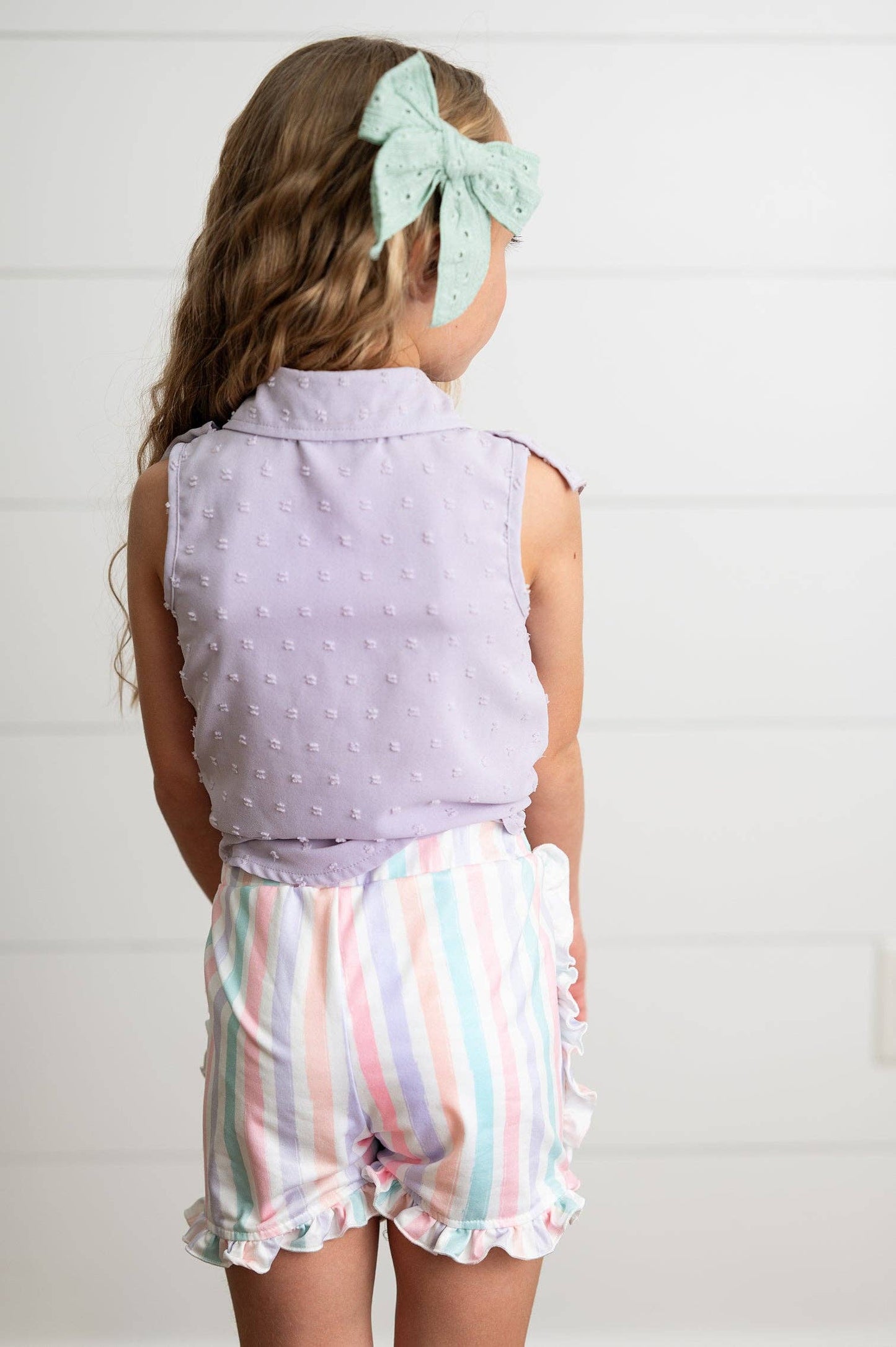 Wren & James - Kids Lavender Ruffle Top & Pastel Stripe Spring Short Set