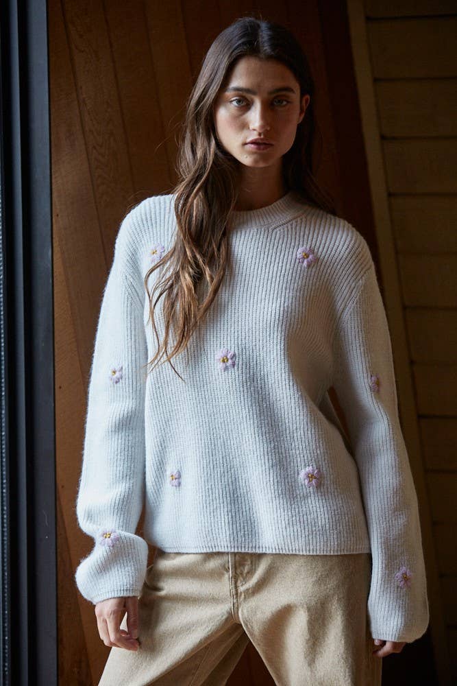 By Together - W2150 | Knit Sweater Ribbed Flower Embroidery Pullover Top: Light Grey