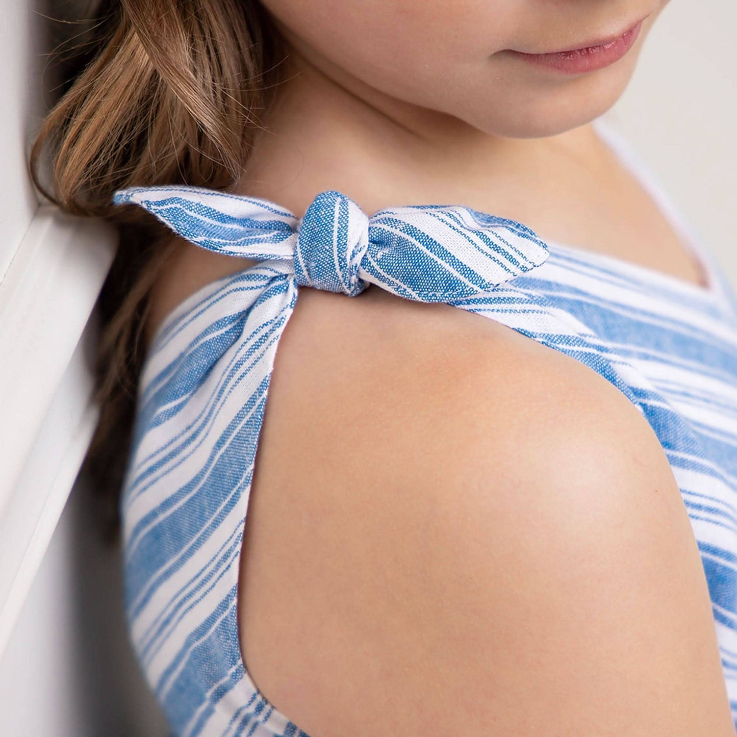 Hope and Henry - Bow Shoulder Swing Dress: Blue Variegated Stripe