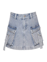 Hannah Banana - DENIM MINI SKIRT WITH STUDDED CARGO POCKETS: STONEWASH / 4