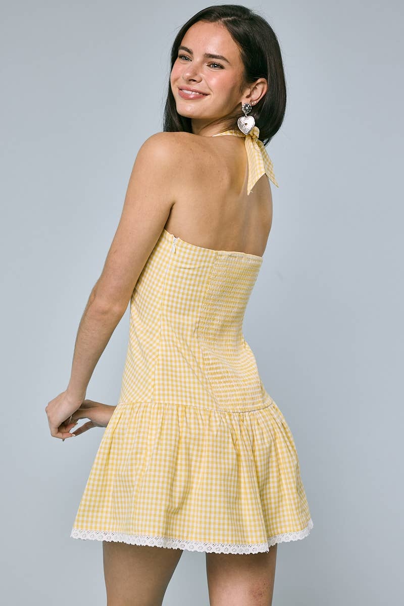 Sky to Moon - CHECKER PRINT HALTER TIE NECK FIT&FLARE MINI DRESS: YELLOW CHECKER