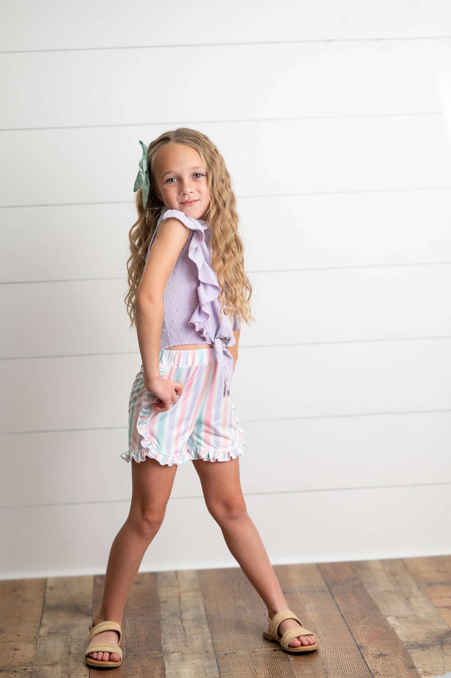 Wren & James - Kids Lavender Ruffle Top & Pastel Stripe Spring Short Set