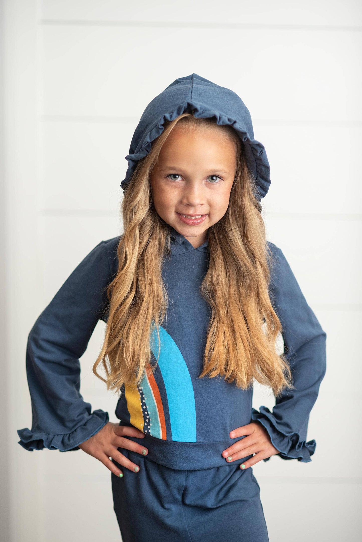 Oopsie Daisy - Kids Navy Blue Rainbow Hooded Ruffle Sweatsuit Lounge Set