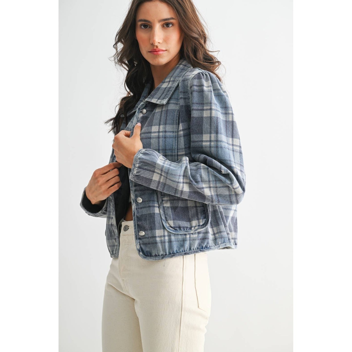 Camellia - PLAID DENIM JACKET: MEDIUM DENIM WASH PLAID / S-M-L(3-2-1)