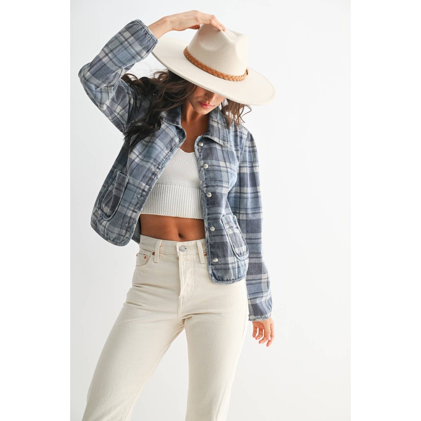 Camellia - PLAID DENIM JACKET: MEDIUM DENIM WASH PLAID / S-M-L(3-2-1)