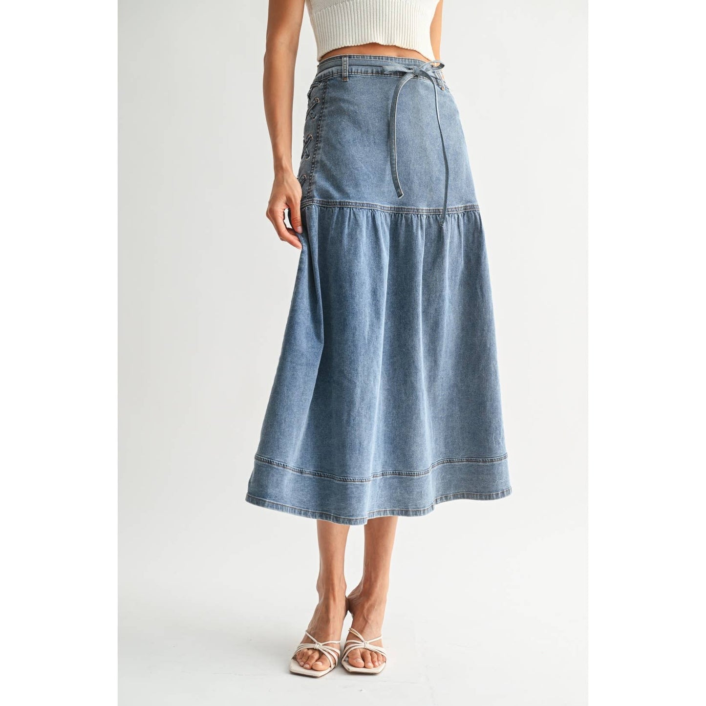 Camellia - DENIM MIDI SKIRT WITH LACE-UP DETAIL: MEDIUM WASH / S-M-L(3-2-1)