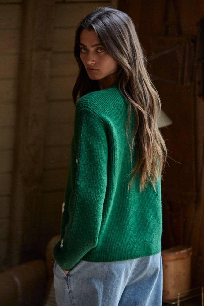 By Together - W2150 | Knit Sweater Ribbed Flower Embroidery Pullover Top: Light Grey