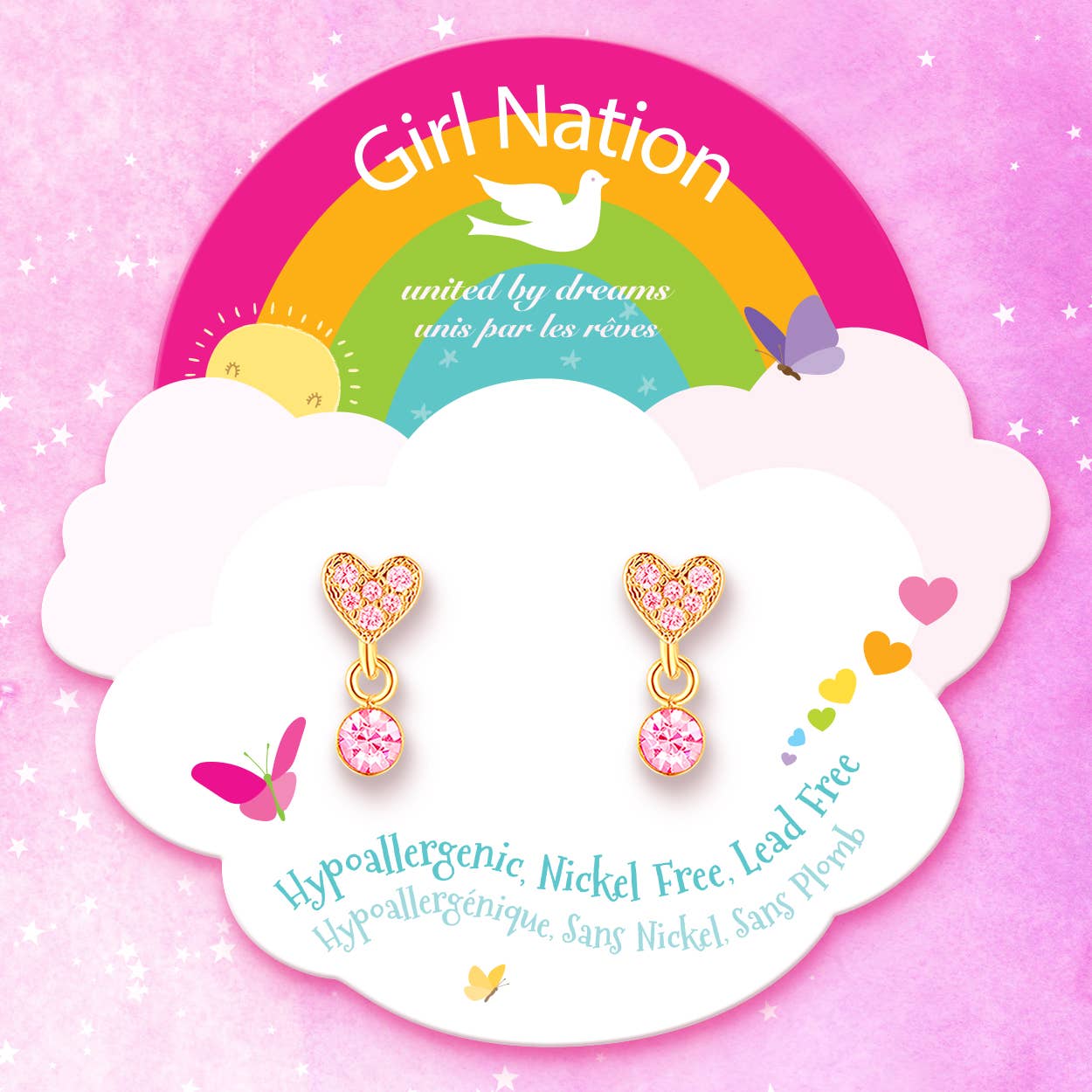 Girl Nation - Little Luxe Drop Earrings | Heart with Pink Cubic Zirconia