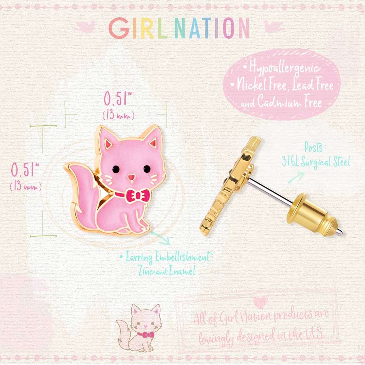 Girl Nation - Pink Kitty Cutie Stud Earrings