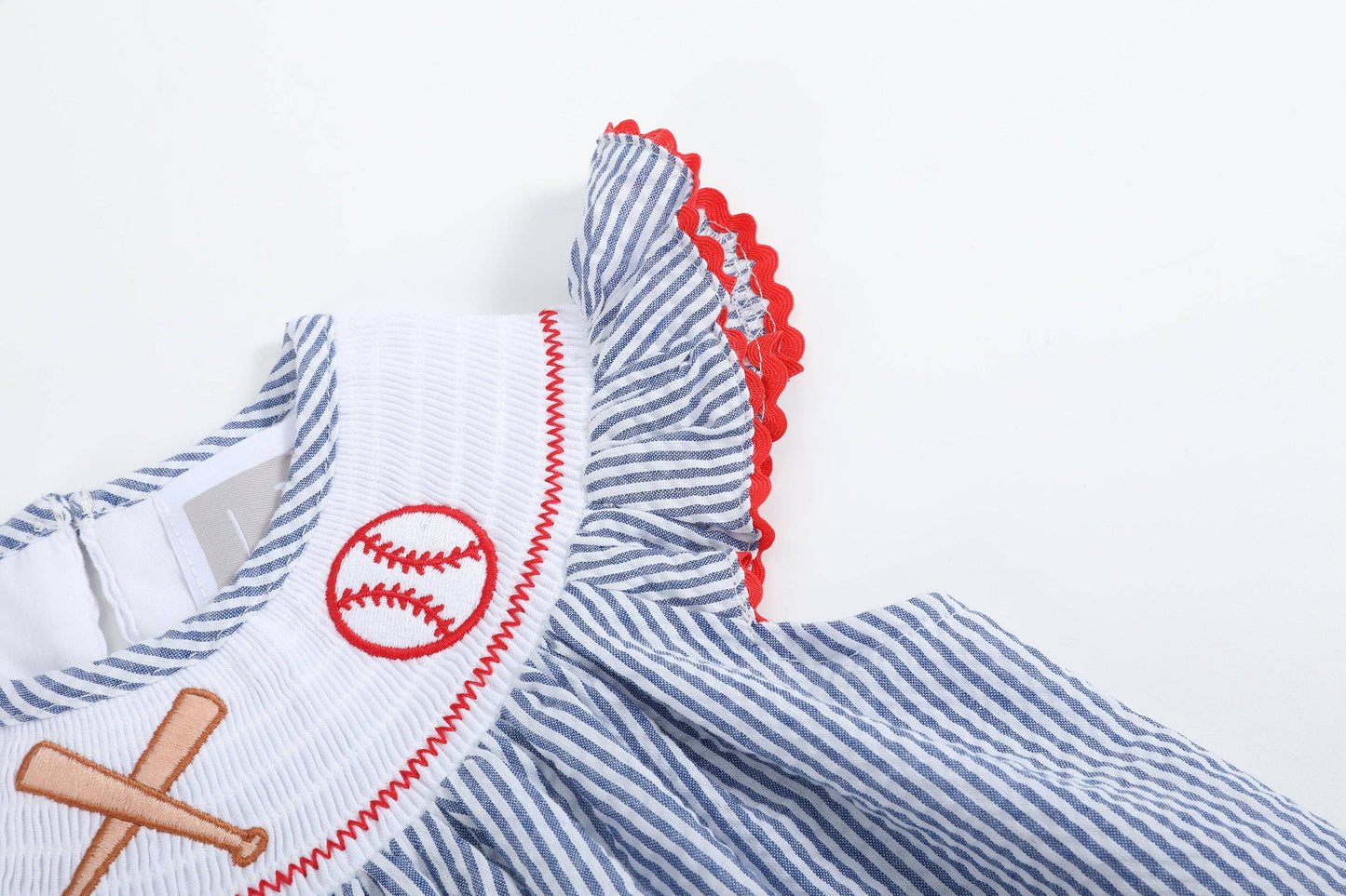 Lil Cactus - Blue Seersucker Baseball Smocked Bishop Dress